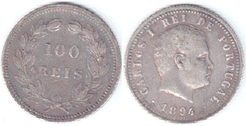 1894 Portugal silver 100 Reis A002945